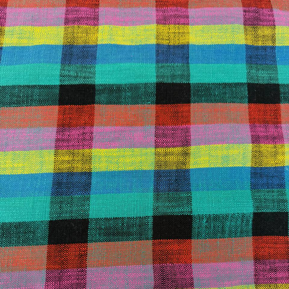 Sunshine 100% cotton woven toweling with colourful turquoise, blue, yellow, pink, orange and black plaid pattern.