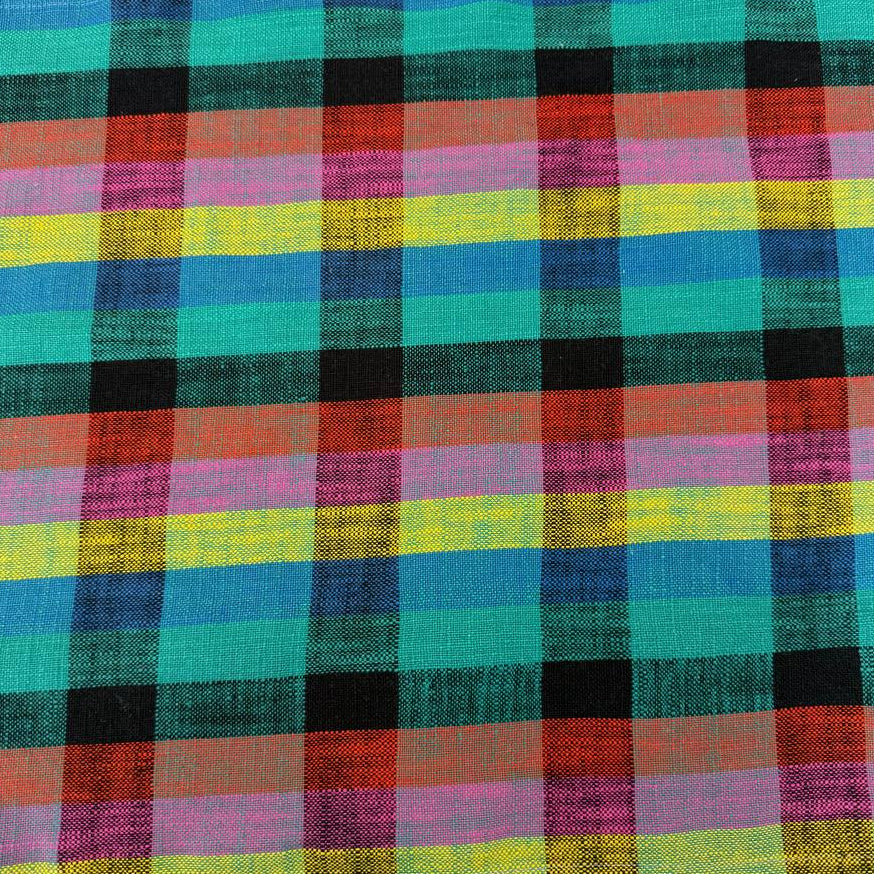 Sunshine 100% cotton woven toweling with colourful turquoise, blue, yellow, pink, orange and black plaid pattern.