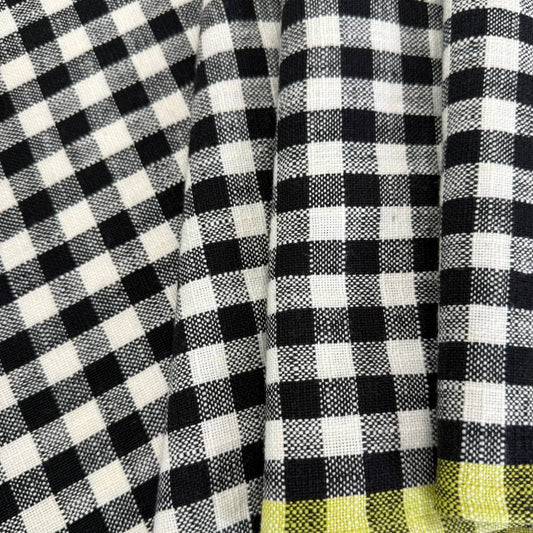 Large black, white and grey checker cotton toweling with lime green border, 16 inches wide