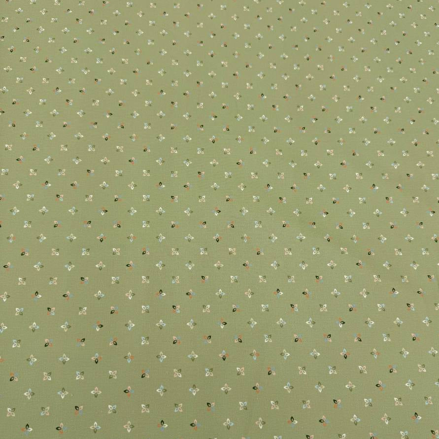 Petalush Meadow sage green cotton fabric by Kiley's Quilt Room for Moda Fabrics, featuring tiny white, peach and blue floral motifs.