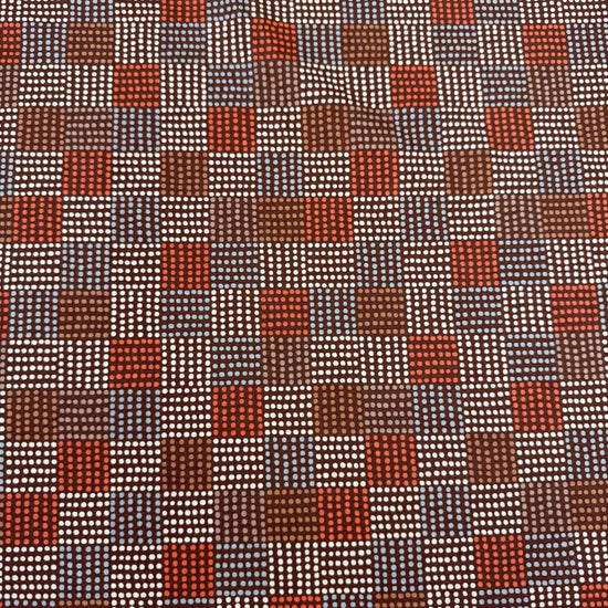 Nature’s Sketchbook by Elena Amo for Moda Fabrics in Bark, dark brown fabric with geometric dotted rectangles in blue, cream and rust orange.