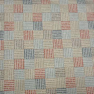 Nature’s Sketchbook by Elena Amo for Moda Fabrics in Pearl, cream fabric with geometric dotted rectangles in blue, beige and terracotta.