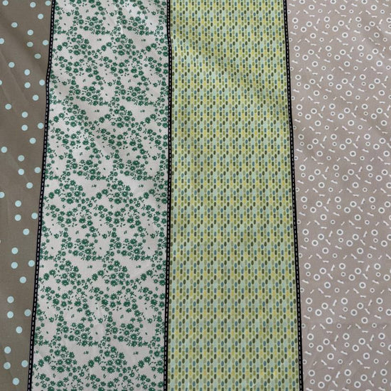 Moda Gathered Lollies Trentham One cotton fabric featuring vertical stripes with floral, gingham and dotted patterns in sage green, olive, beige and cream.
