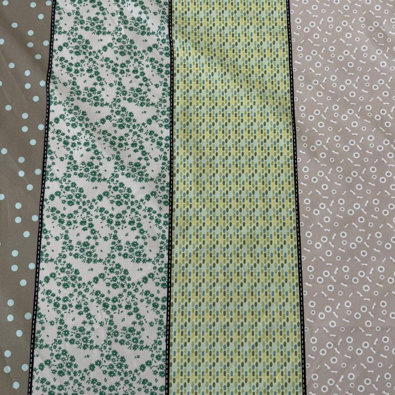 Moda Gathered Lollies Trentham One cotton fabric featuring vertical stripes with floral, gingham and dotted patterns in sage green, olive, beige and cream.
