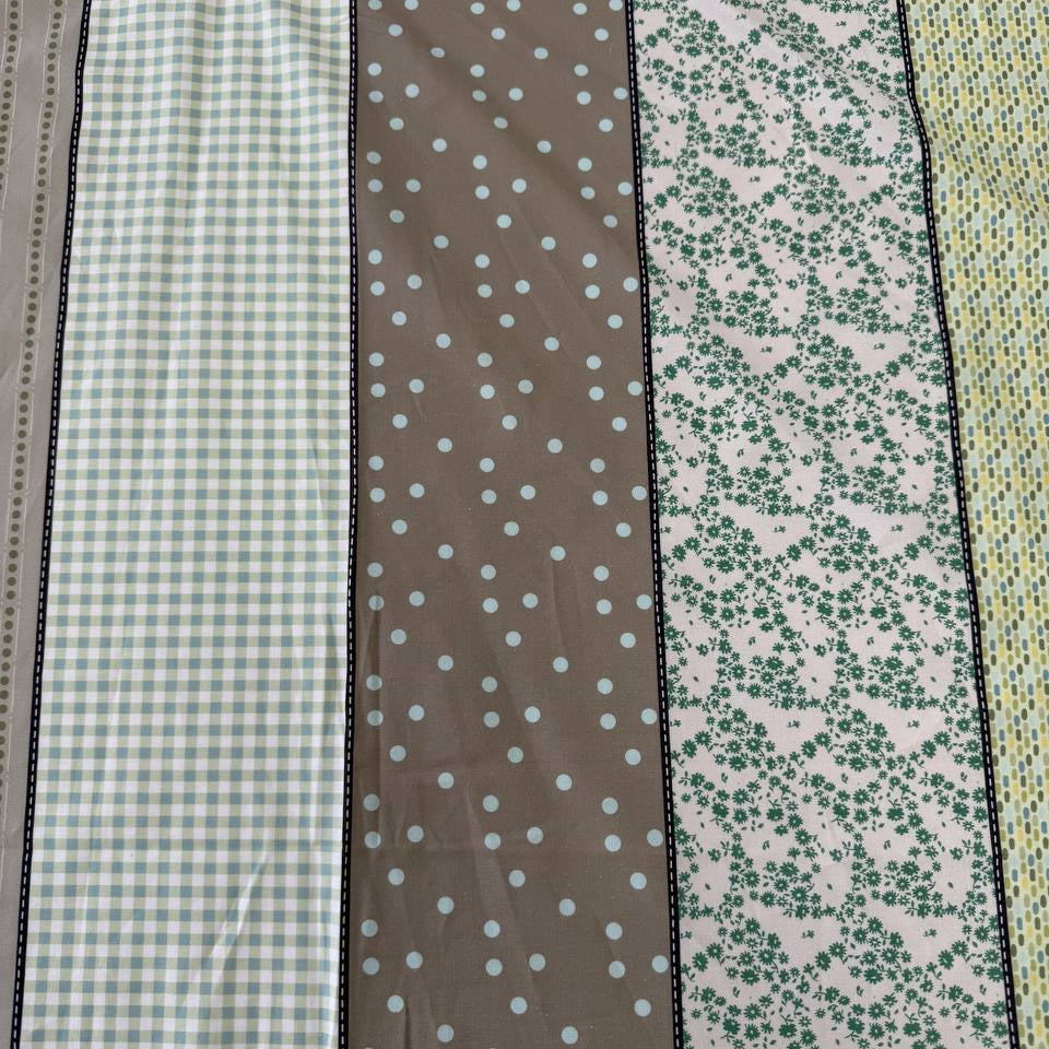 Moda Gathered Lollies Trentham One cotton fabric featuring vertical stripes with floral, gingham and dotted patterns in sage green, olive, beige and cream.