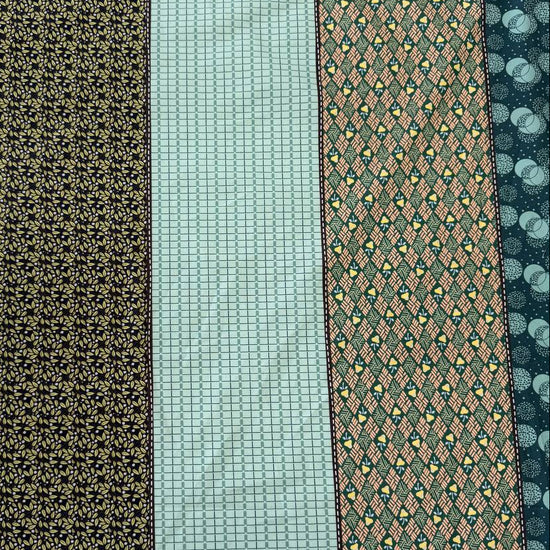 Gathered Lollies Moda cotton fabric featuring vertical patchwork-inspired stripes with floral, gingham and geometric patterns in teal, sage green, mint, blue and beige.
