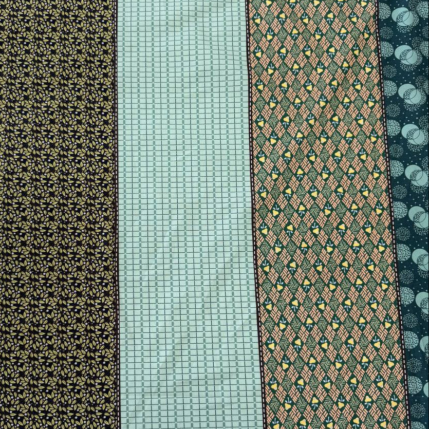 Gathered Lollies Moda cotton fabric featuring vertical patchwork-inspired stripes with floral, gingham and geometric patterns in teal, sage green, mint, blue and beige.