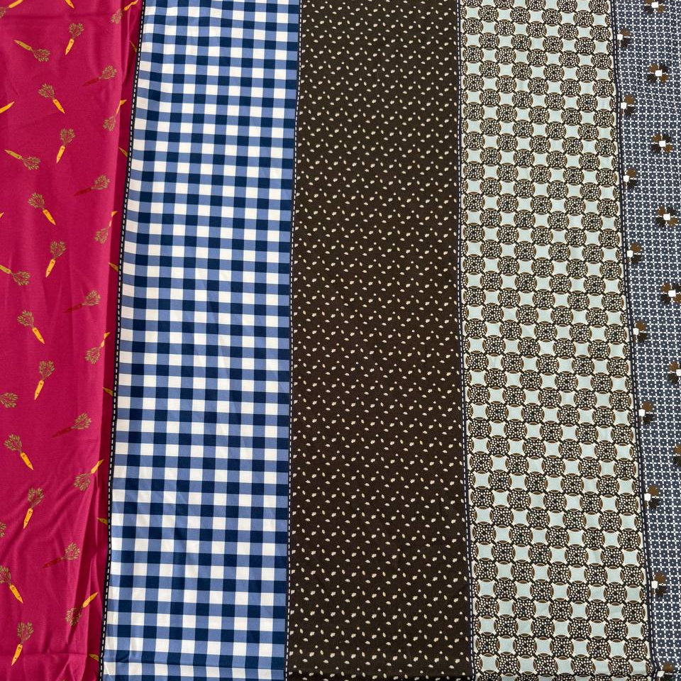 Gathered Lollies cotton fabric by Jen Kingwell for Moda featuring colourful vertical stripes with gingham, floral and geometric patterns in teal, rust, red, navy, brown and cream.