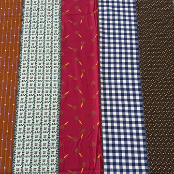Gathered Lollies cotton fabric by Jen Kingwell for Moda featuring colourful vertical stripes with gingham, floral and geometric patterns in teal, rust, red, navy, brown and cream.