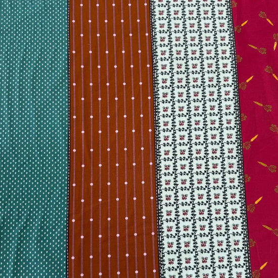 Gathered Lollies cotton fabric by Jen Kingwell for Moda featuring colourful vertical stripes with gingham, floral and geometric patterns in teal, rust, red, navy, brown and cream.