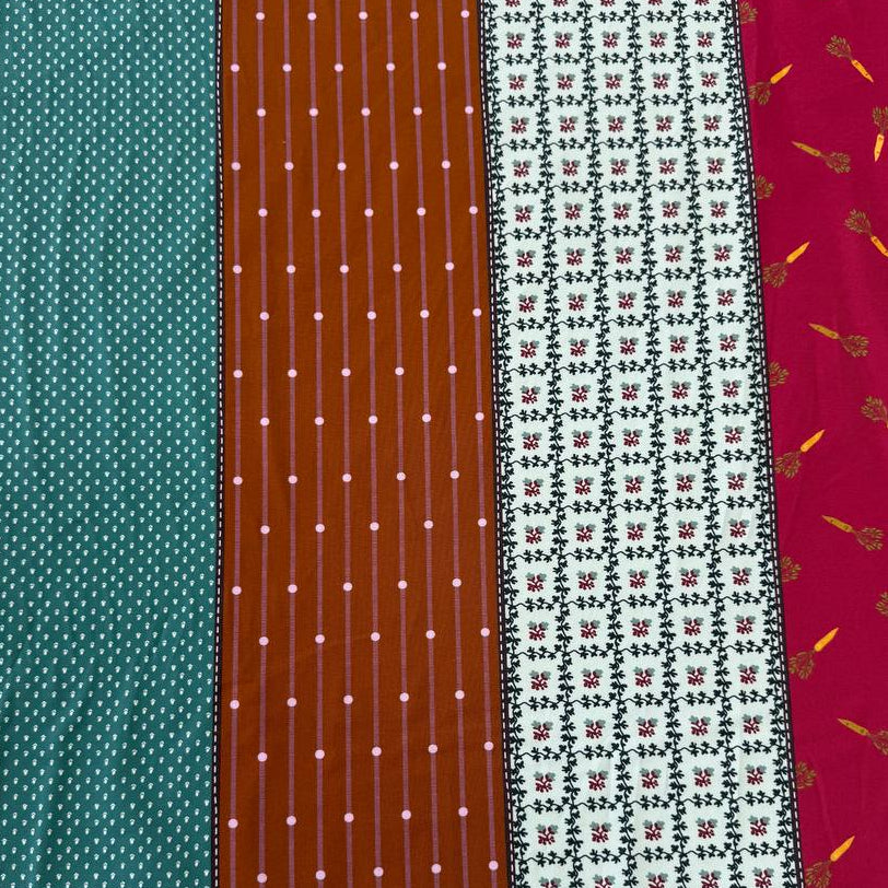 Gathered Lollies cotton fabric by Jen Kingwell for Moda featuring colourful vertical stripes with gingham, floral and geometric patterns in teal, rust, red, navy, brown and cream.