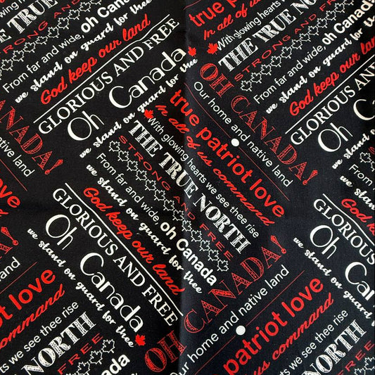 Oh Canada Fat Quarter made from 100% premium cotton, featuring patriotic Canadian words in red, white, and black. Pre-cut fabric measuring 50 × 50 cm, perfect for quilting, sewing, patchwork, and crafts.