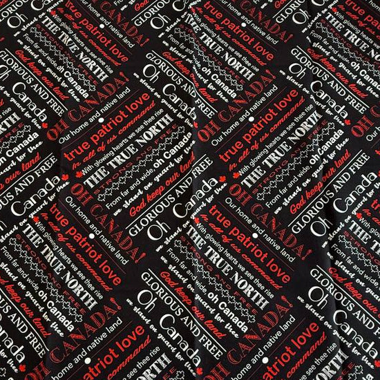 Oh Canada Fat Quarter made from 100% premium cotton, featuring patriotic Canadian words in red, white, and black. Pre-cut fabric measuring 50 × 50 cm, perfect for quilting, sewing, patchwork, and crafts.