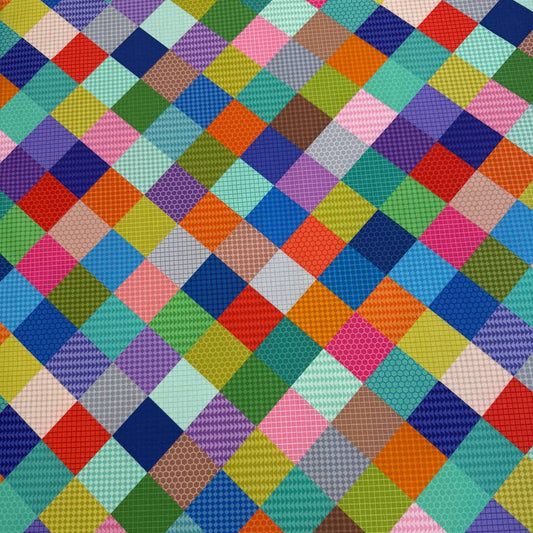 Colorful patchwork geometric quilting cotton fabric from the Animal Alphabet collection by Lewis & Irene, featuring multicolored square blocks on 100% cotton.