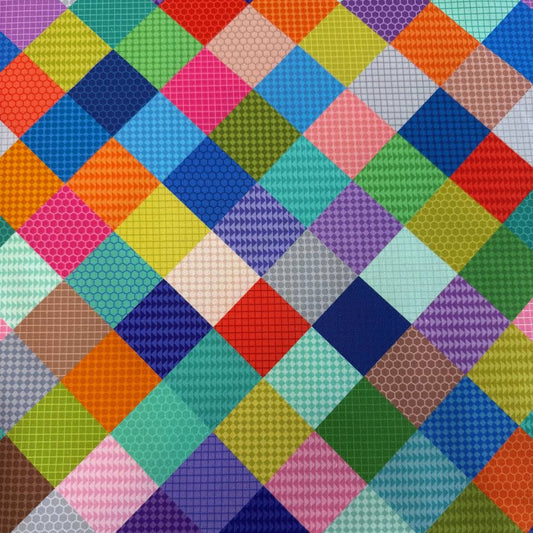 Colorful patchwork geometric quilting cotton fabric from the Animal Alphabet collection by Lewis & Irene, featuring multicolored square blocks on 100% cotton.