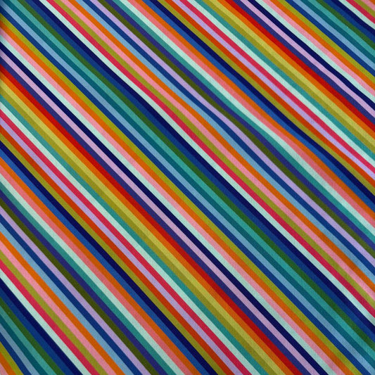 100% cotton quilting fabric from the Animal Alphabet collection by Lewis & Irene featuring colorful diagonal rainbow stripes on a white background.