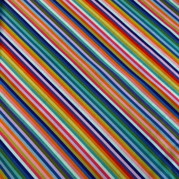 100% cotton quilting fabric from the Animal Alphabet collection by Lewis & Irene featuring colorful diagonal rainbow stripes on a white background.