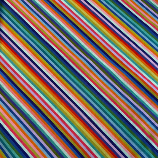 100% cotton quilting fabric from the Animal Alphabet collection by Lewis & Irene featuring colorful diagonal rainbow stripes on a white background.