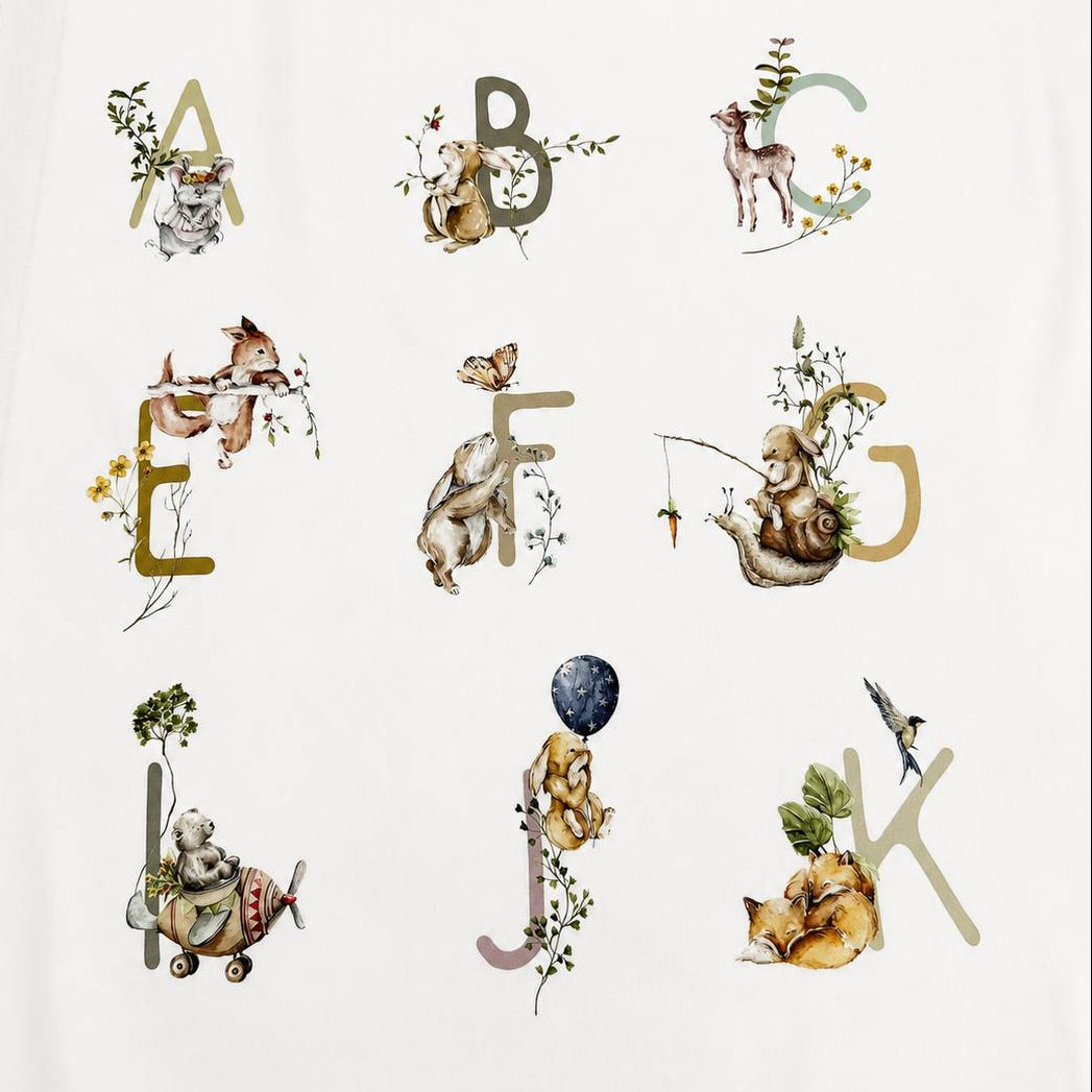 Story Book Alphabet Animal Cotton Panel by FIGO Fabrics featuring watercolor woodland animals and alphabet letters on white 100% cotton, 60" × 43" panel for quilting and nursery sewing projects.