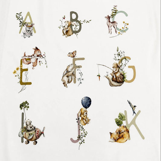 Story Book Alphabet Animal Cotton Panel by FIGO Fabrics featuring watercolor woodland animals and alphabet letters on white 100% cotton, 60" × 43" panel for quilting and nursery sewing projects.