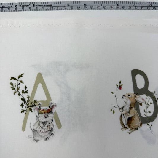Story Book Alphabet Animal Cotton Panel by FIGO Fabrics featuring watercolor woodland animals and alphabet letters on white 100% cotton, 60" × 43" panel for quilting and nursery sewing projects.