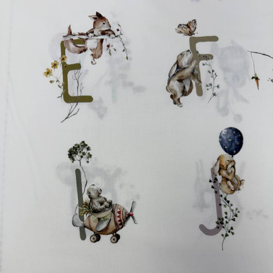 Story Book Alphabet Animal Cotton Panel by FIGO Fabrics featuring watercolor woodland animals and alphabet letters on white 100% cotton, 60" × 43" panel for quilting and nursery sewing projects.