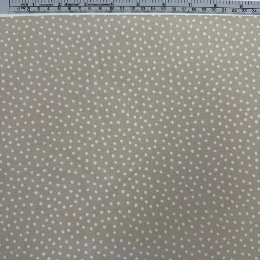Story Book Dots quilting cotton fabric in taupe with delicate white dotted pattern, 100% cotton, 45 inch wide.
