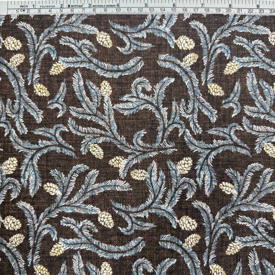 Brown quilting cotton fabric with blue leafy floral vines and cream pinecone print, 100% cotton, 45 inch wide
