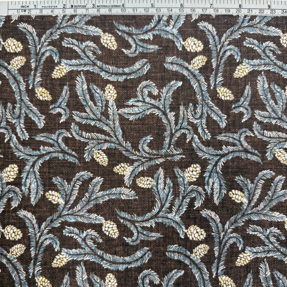 Brown quilting cotton fabric with blue leafy floral vines and cream pinecone print, 100% cotton, 45 inch wide