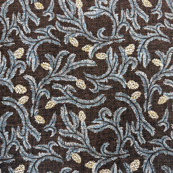 Brown quilting cotton fabric with blue leafy floral vines and cream pinecone print, 100% cotton, 45 inch wide
