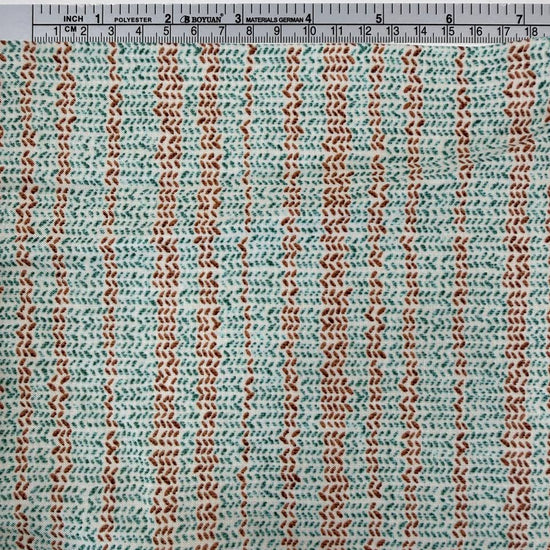 100% cotton quilting fabric featuring textured sage green and brown vertical stripes on a white background, 45 inch wide.