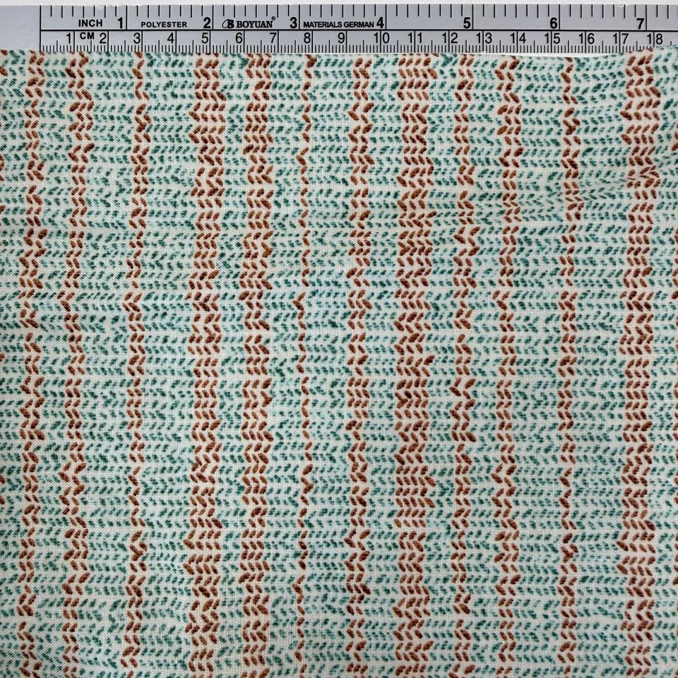 100% cotton quilting fabric featuring textured sage green and brown vertical stripes on a white background, 45 inch wide.
