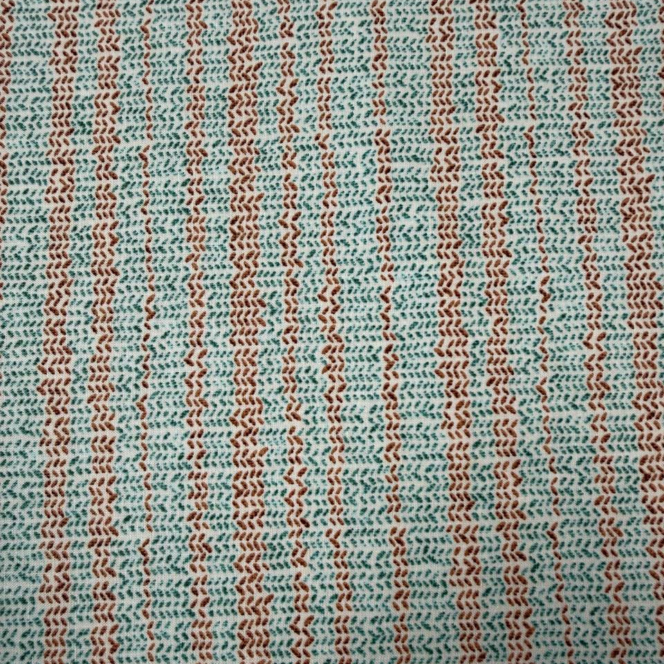 100% cotton quilting fabric featuring textured sage green and brown vertical stripes on a white background, 45 inch wide.