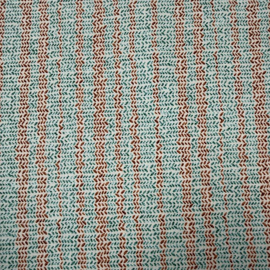 100% cotton quilting fabric featuring textured sage green and brown vertical stripes on a white background, 45 inch wide.