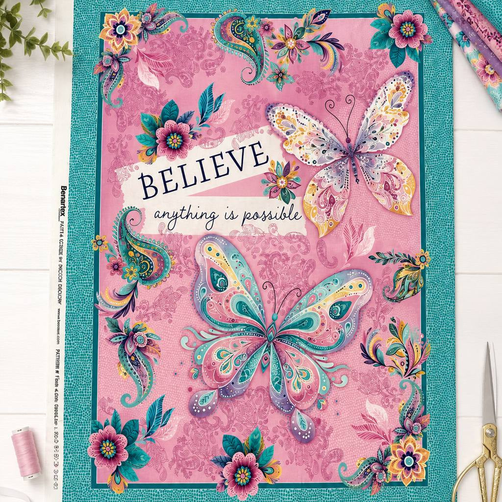 Faith & Grace Panel Multi cotton fabric panel by Nicole DeCamp for Benartex featuring colorful butterflies, floral accents, and the inspirational message "Believe – Anything is Possible."