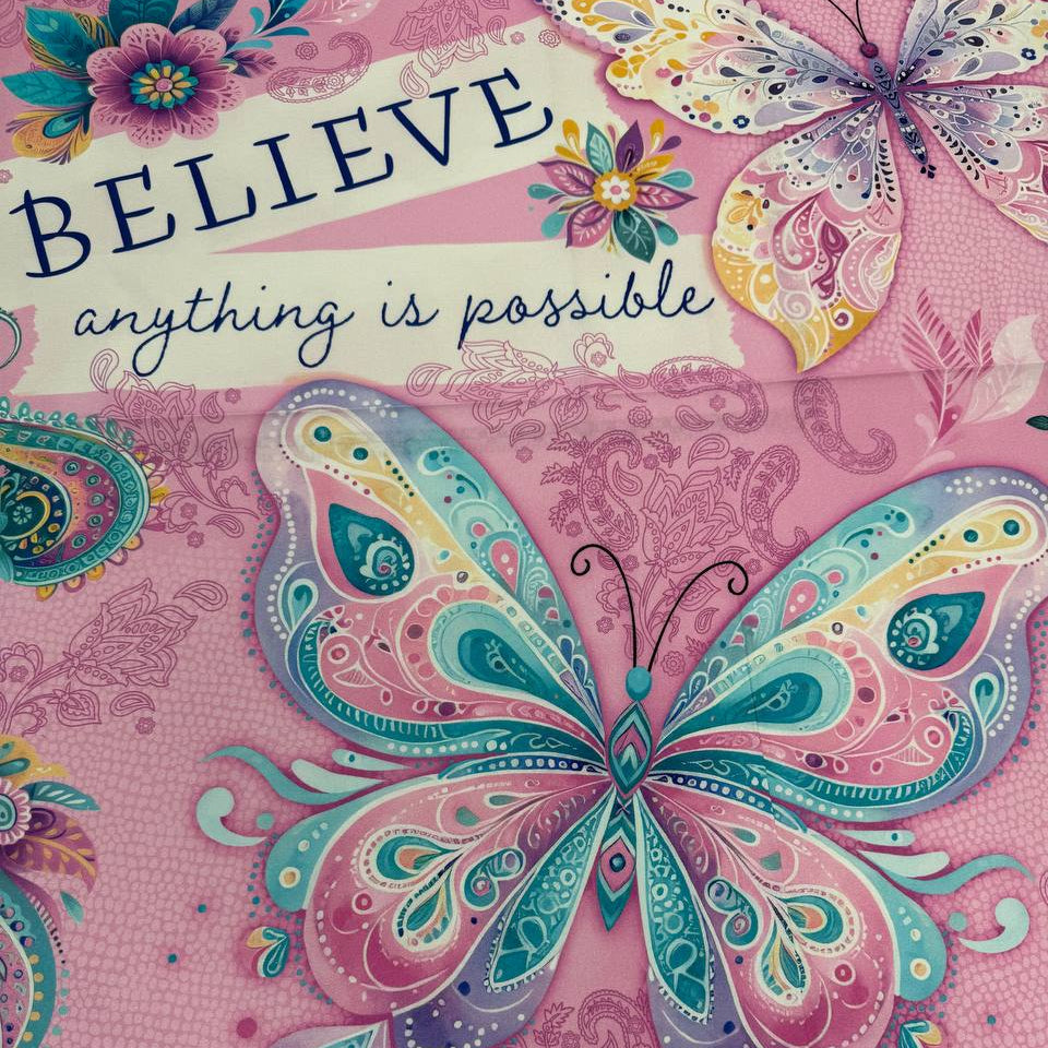 Faith & Grace Panel Multi cotton fabric panel by Nicole DeCamp for Benartex featuring colorful butterflies, floral accents, and the inspirational message "Believe – Anything is Possible."