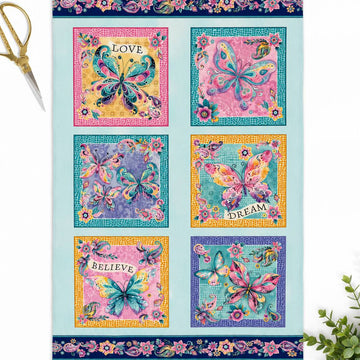 Faith & Grace Boxes Multi cotton fabric panel by Kanvas Studio for Benartex featuring six colorful butterfly blocks with floral and paisley designs on a light aqua background.