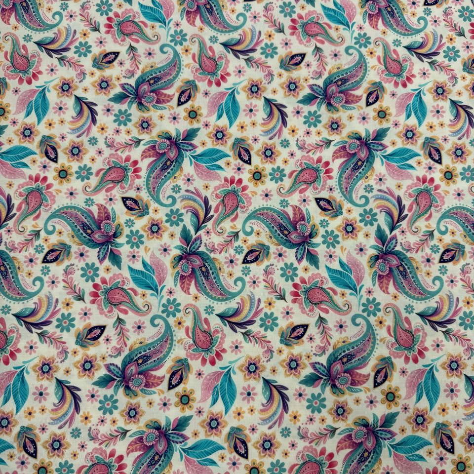 Faith & Grace cotton fabric by Kanvas Studio for Benartex featuring colorful butterflies, paisley motifs, and floral accents on a soft white background.