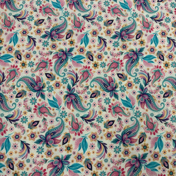 Faith & Grace cotton fabric by Kanvas Studio for Benartex featuring colorful butterflies, paisley motifs, and floral accents on a soft white background.