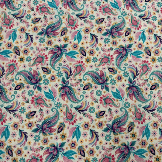 Faith & Grace cotton fabric by Kanvas Studio for Benartex featuring colorful butterflies, paisley motifs, and floral accents on a soft white background.