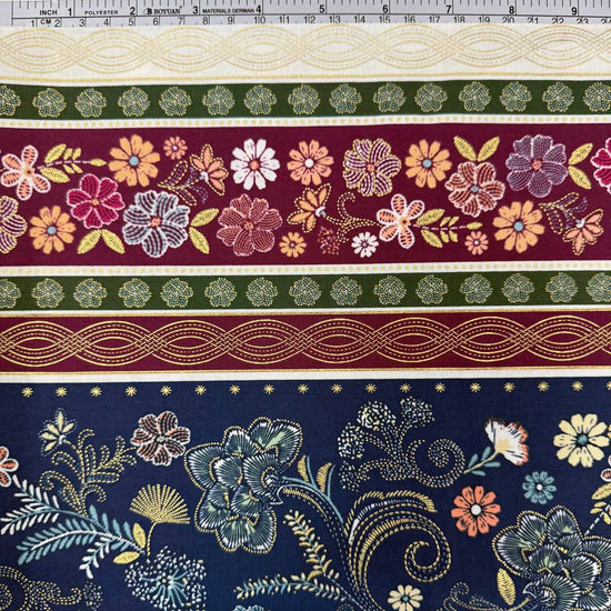 Majestic Garden Metallic Border Stripe quilting cotton by Kanvas Studio featuring decorative floral border stripes with metallic gold accents on a navy background.