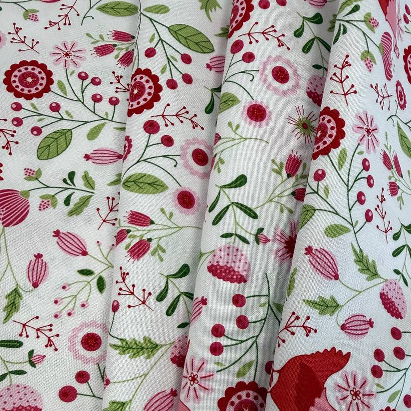 Smitten Chicken Hen House Floral quilting cotton fabric by Poppie Cotton featuring pink and red hens surrounded by flowers, berries, and green foliage on a white background.