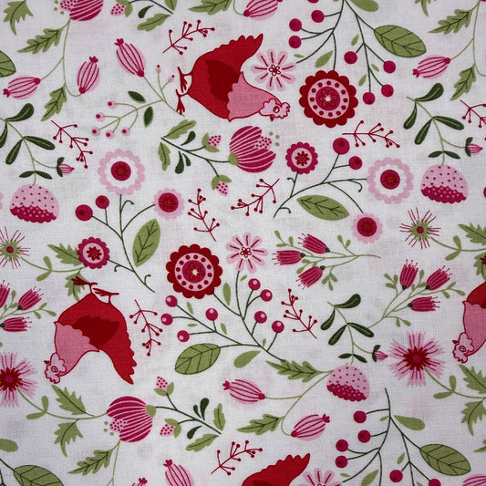 Smitten Chicken Hen House Floral quilting cotton fabric by Poppie Cotton featuring pink and red hens surrounded by flowers, berries, and green foliage on a white background.