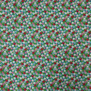 Smitten Chicken Flower Patch quilting cotton fabric by Poppie Cotton featuring tiny red, pink, and white flowers with green foliage scattered across a soft aqua background.