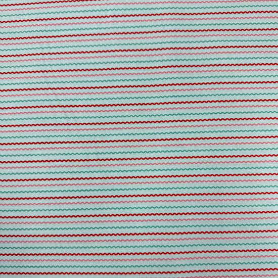 Smitten Chicken Ric Rac quilting cotton fabric by Poppie Cotton featuring fine wavy horizontal stripes in aqua, pink, and red on a white background.