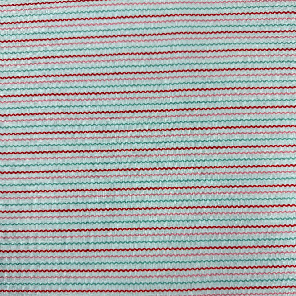 Smitten Chicken Ric Rac quilting cotton fabric by Poppie Cotton featuring fine wavy horizontal stripes in aqua, pink, and red on a white background.