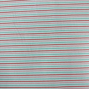 Smitten Chicken Ric Rac quilting cotton fabric by Poppie Cotton featuring fine wavy horizontal stripes in aqua, pink, and red on a white background.