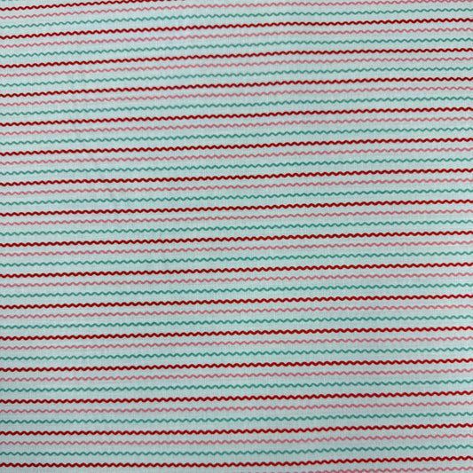 Smitten Chicken Ric Rac quilting cotton fabric by Poppie Cotton featuring fine wavy horizontal stripes in aqua, pink, and red on a white background.