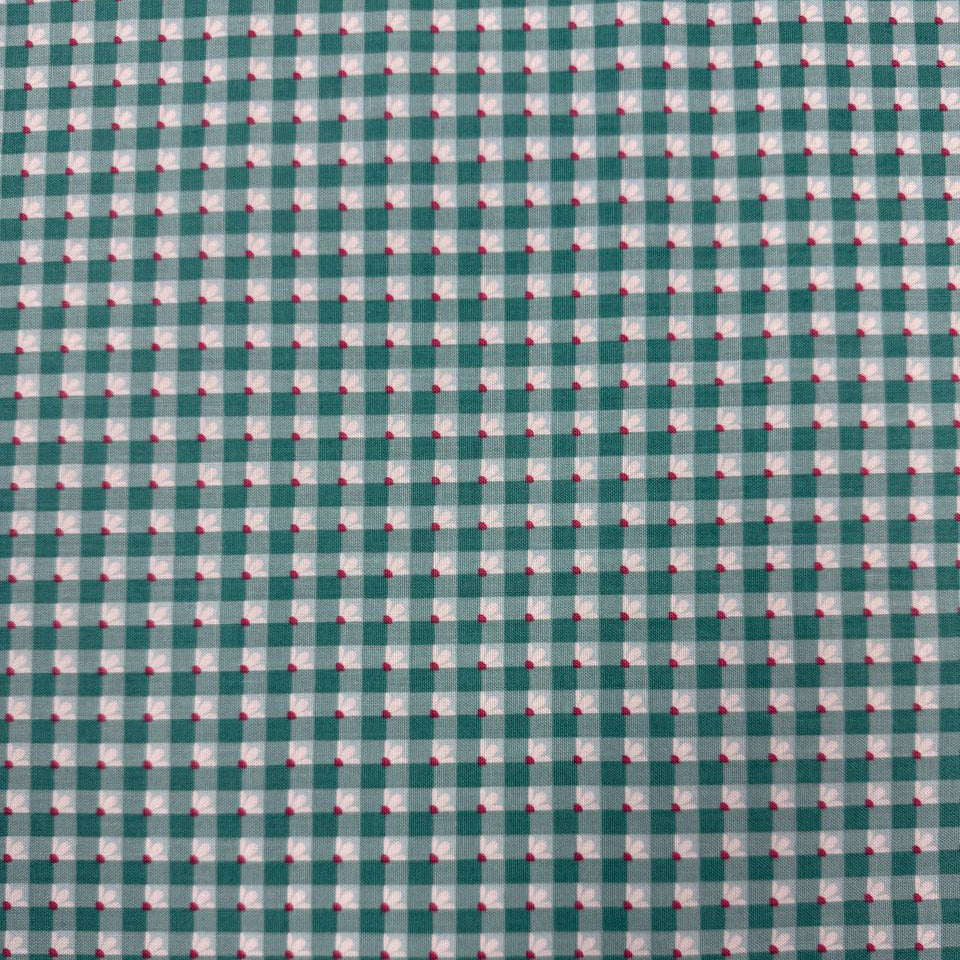 Smitten Chicken Check-A-Roo quilting cotton fabric by Poppie Cotton featuring a small gingham check with tiny white floral accents, available in Aqua and Pink.