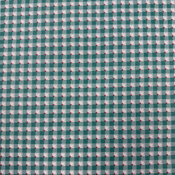 Smitten Chicken Check-A-Roo quilting cotton fabric by Poppie Cotton featuring a small gingham check with tiny white floral accents, available in Aqua and Pink.